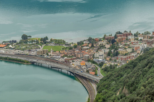 Aerial view of Melide and Lugano lake, Switzerland