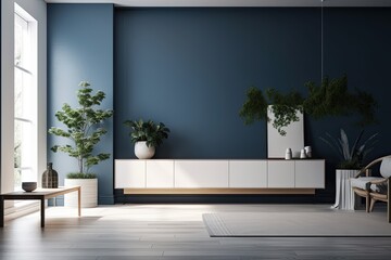 Interior of contemporary minimally furnished big living room with mockup of white low cabinet, indoor plants, and frame against blue wall. Generative AI