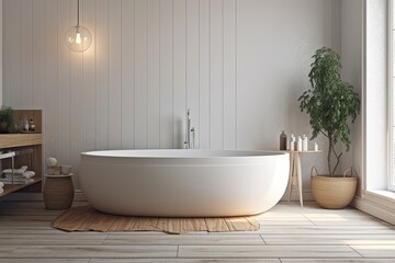Naklejka na ściany i meble Interior of white wooden bathroom with round white tub in corner. luxury and relaxation idea. a mockup. Generative AI