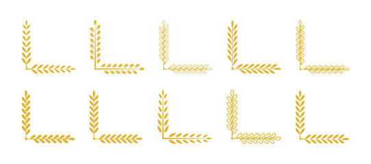 Gold laurel corner frame floral vector template design in white background. Set gold corner border laurel leaves vector isolated.