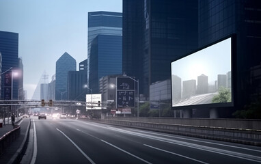 Fototapeta na wymiar Billboard with blank mock up digital display in modern city, generated AI