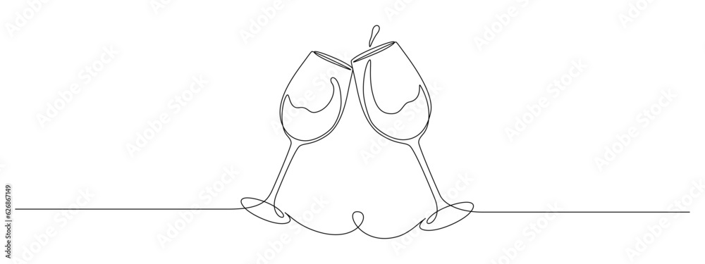 Wall mural continuous one line drawing of two glasses of red wine. toast and cheers with splash in simple linea
