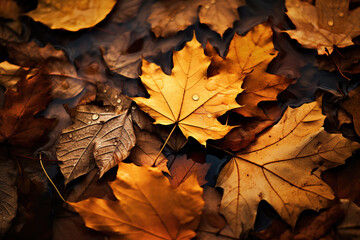 Closeup of falling autumn leaves , fall season concept, generative ai