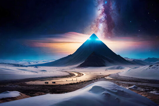 abstract landscape of rocky land at night, nebula, galaxy scenery created with generative ai technology