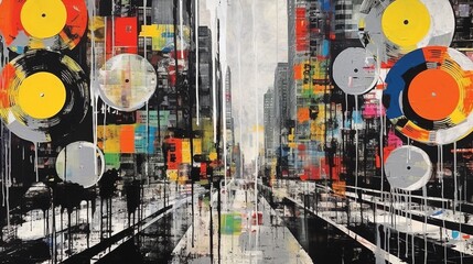 Generative AI, Grunge Vinyl Records, pop art graffiti, vibrant color. Ink melted paint street art on a textured paper vintage background