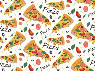 Pattern of pizza slices. Seamless pattern. Tasty food. The print is repetitive. Design for clothing with food. Pattern for bed linen. Lots of pizza slices.