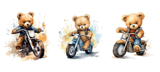 teddy cute bear cub on bike watercolor ai generated