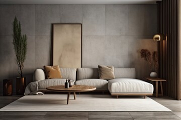 Interior of contemporary living room with wood flooring and a concrete wall. couch with brown fabric, a floor lamp, and a coffee table with books and a vase. Generative AI