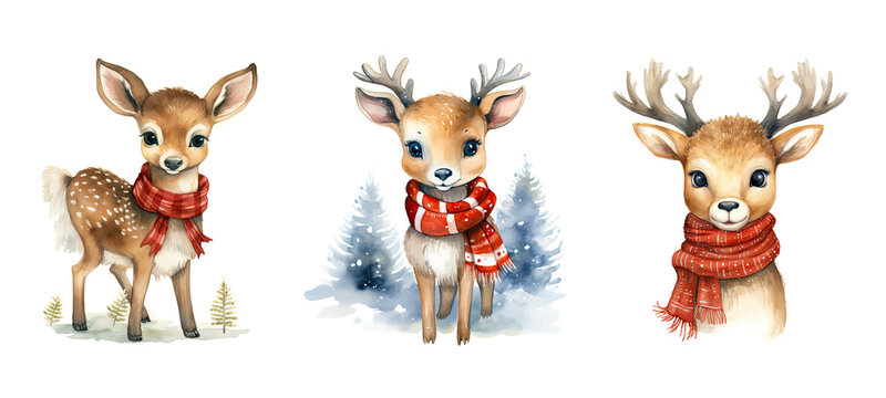 cute deer in christmas cloth watercolor ai generated