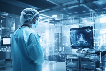 Doctor working in futuristic hospital. Beautiful illustration picture. Generative AI