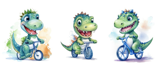 Obraz premium wildlife cute dino on bike watercolor ai generated