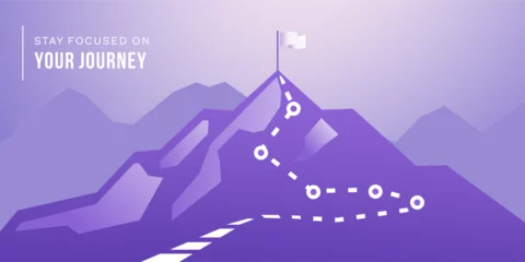 Photo sur Plexiglas Tailler journey concept vector illustration of a mountain with path and a flag at the top, route to mountain peak, business journey and planning concept.
