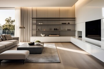 Minimalistic residential building interior. Beautiful illustration picture. Generative AI