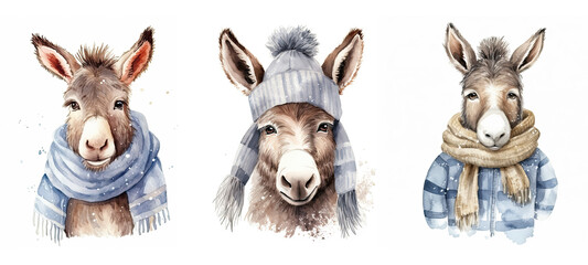 animal cute donkey in winter cloth watercolor ai generated