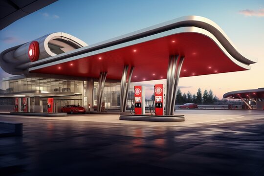 Modern gas station without cars. Beautiful illustration picture. Generative AI