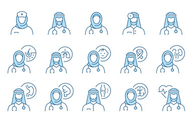 Arabian muslim doctor flat line icons. Editable Stroke. Change to any size and any colour.