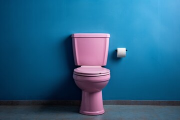 Pink toilet in a blue room. Beautiful illustration picture. Generative AI