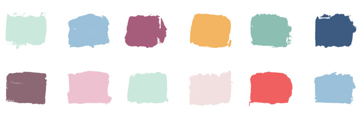 Grunge Brush in Square Shape, Dirty Distressed Paintbrush Collection. Rectangle Paint Texture Set. Color Ink Brushstroke. Rough Abstract Graphic Element. Isolated Vector Illustration