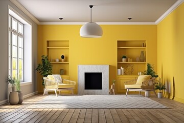 Fototapeta premium Interior of a light living room with a sofa and chairs, side view, carpet, and hardwood flooring Panorama of the tropics. Decorated fireplace and shelf. Model of a blank wall. Generative AI