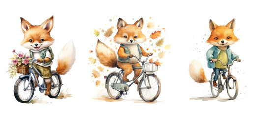 child cute fox on bike watercolor ai generated