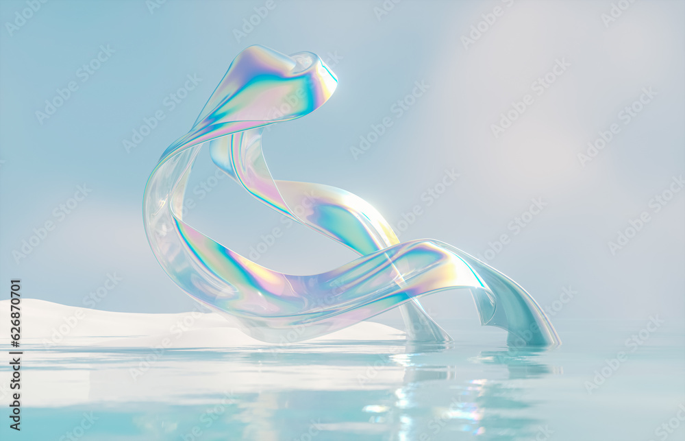 Poster abstract winter landscape scene with holographic iridescent glossy cloth. 3d rendering