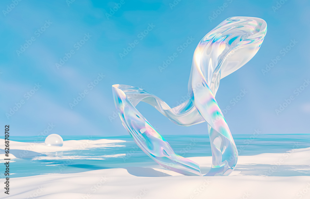Poster abstract winter landscape scene with holographic iridescent glossy cloth. 3d rendering