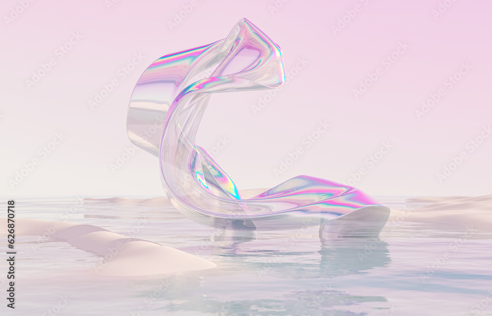 Poster abstract winter landscape scene with holographic iridescent glossy cloth. 3d rendering