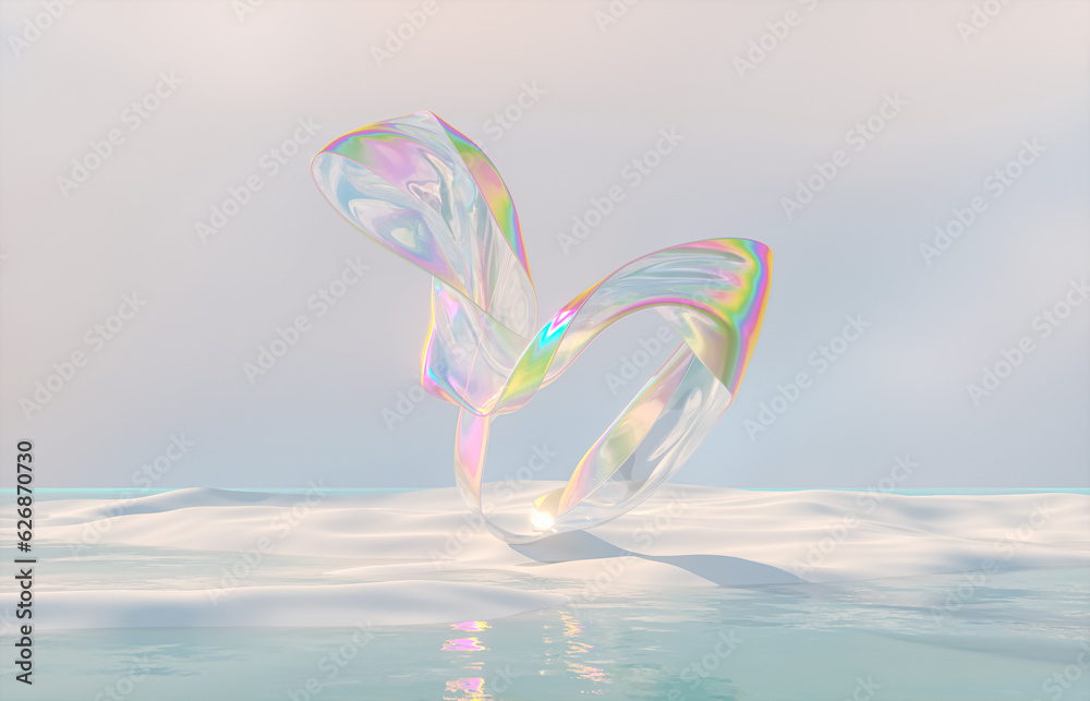 Poster Abstract winter landscape scene with holographic iridescent glossy cloth. 3d rendering