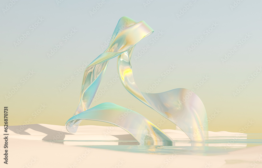 Poster abstract winter landscape scene with holographic iridescent glossy cloth. 3d rendering