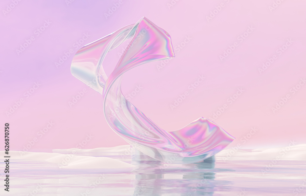 Poster abstract winter landscape scene with holographic iridescent glossy cloth. 3d rendering