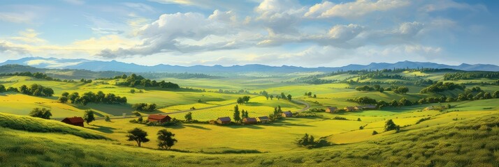 Countryside at the morning photo realistic illustration - Generative AI.
