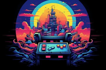 Retro inspired t-shirt design with old gaming device. Beautiful illustration picture. Generative AI