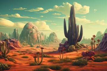 Surreal landscape of a desert with giant cactus. Beautiful illustration picture. Generative AI