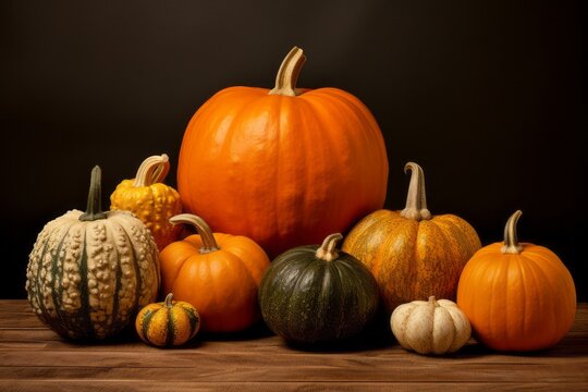 Stack of rustic pumpkins in different sizes. Beautiful illustration picture. Generative AI