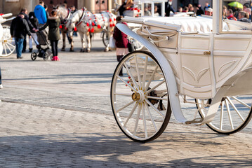 Fototapeta premium horses with carriage on the main square of Krakow