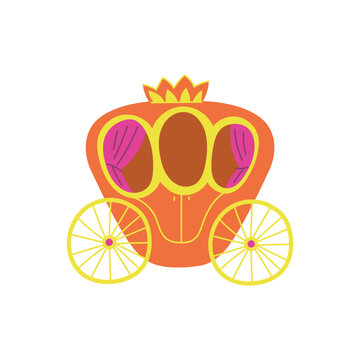 Princess brougham with crown on top, cartoon romantic hand drawn fairytale carriage, retro transport vector illustration
