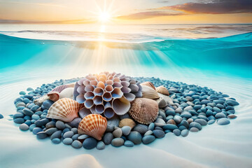 abstract seascape of tropical underwater life, seashells and marine life illustration created with generative ai technology