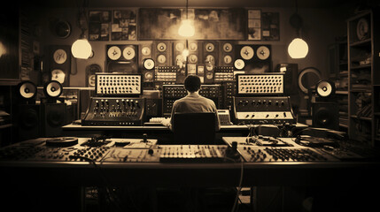 Vintage recording studio, late night session, sound engineer tweaking levels on a massive analog mixing console, vintage microphones, reel - to - reel tapes, dim ambient lighting, candles flickering, 