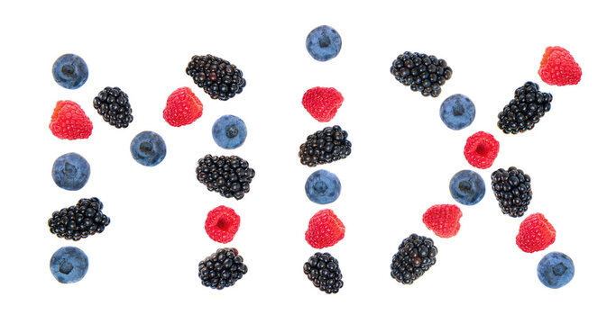 Word mix written with raspberries blackberries and blueberries on a white background, fruit banner design