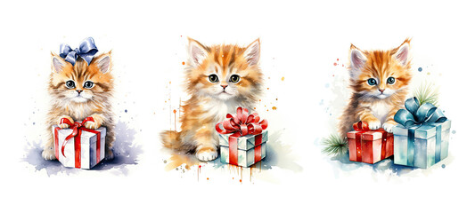 cat cute kitty with christmas gift watercolor ai generated