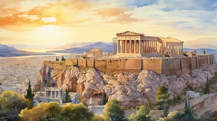 Fotobehang watercolor painting of the Acropolis of Athens at sunset, warm light hitting the columns, the city of Athens in the background, serene sky, textures of weathered stones © Marco Attano