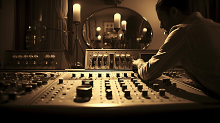 Vintage recording studio, late night session, sound engineer tweaking levels on a massive analog mixing console, vintage microphones, reel - to - reel tapes, dim ambient lighting, candles flickering,