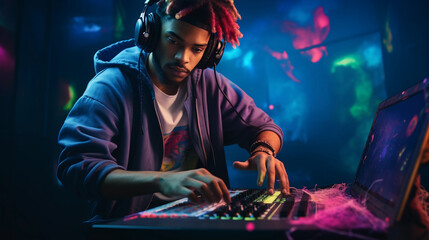 Fototapeta na wymiar Young hip - hop producer making beats, headphones around his neck, illuminated MPC pads under skilled fingers, energetic mood, colorful background