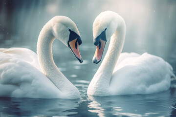 Two affectionate swans in winter pond. 