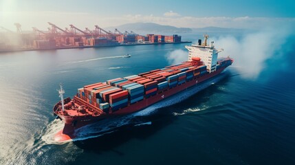 Aerial top view of cargo maritime ship with contrail in the ocean ship carrying container. Export concept. Technology freight shipping by ship forwarder mast. - obrazy, fototapety, plakaty