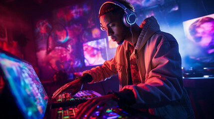 Young hip - hop producer making beats, headphones around his neck, illuminated MPC pads under skilled fingers, energetic mood, colorful background