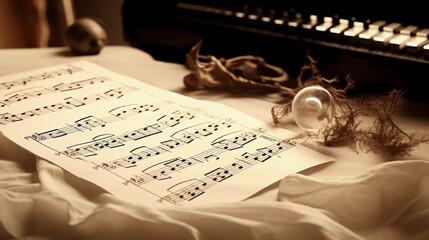 A music composer's handwritten score, calligraphy ink pen, crumpled sheets of music paper, vintage,...