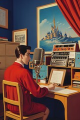 Fototapeta Mężczyzna siedzący za biurkiem mówi do mikrofonu amatorskiej stacji radiowej obraz