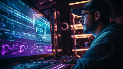 Mastering engineer at work, full frame view of his reflection on a glossy black monitor screen showing audio waveforms, backlit keyboard, vibrant LEDs on rack gear, candid, documentary style