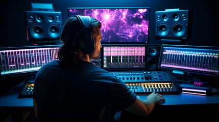 Mastering engineer at work, full frame view of his reflection on a glossy black monitor screen showing audio waveforms, backlit keyboard, vibrant LEDs on rack gear, candid, documentary style